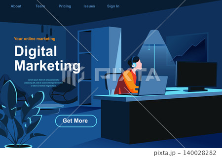 Digital marketing isometric landing page. Marketer working with computer in office website template. SMM and SEO technology, social media and web content promotion perspective flat vector illustration 140028282