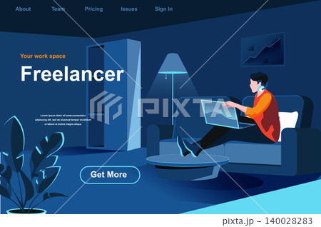 Freelance job isometric landing page. Young man working with laptop at home office website template. Remote work at company and self-employed occupation perspective flat design. Vector illustration. Freelance job isometric landing page. Young man working with laptop at home office website template. Remote work at company and self-employed occupation perspective flat design. Vector illustration. 140028283