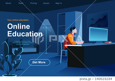 Online education isometric landing page. Man studying with computer at workplace website template. Distance learning, online webinar, courses and skill development perspective flat vector illustration 140028284