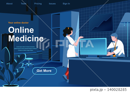 Online medicine isometric landing page. Doctor working with computer in office website template. Patient diagnosis and treatment, medical examination in clinic perspective flat vector illustration. 140028285