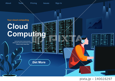 Cloud computing isometric landing page. IT specialist working in server room website template. Hosting platform technology, data structuring and classification perspective flat vector illustration. Cloud computing isometric landing page. IT specialist working in server room website template. Hosting platform technology, data structuring and classification perspective flat vector illustration. 140028297