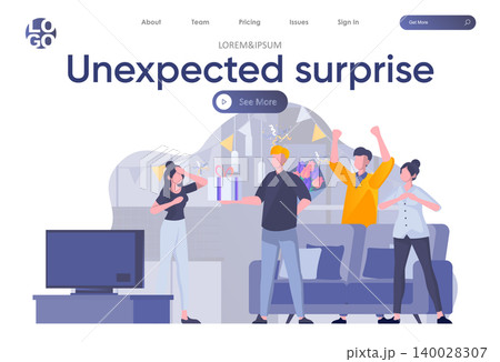 Unexpected surprise landing page with header. Friends celebrating birthday or anniversary and giving gift to girl scene. Birthday congratulation with present and flowers flat vector illustration. Unexpected surprise landing page with header. Friends celebrating birthday or anniversary and giving gift to girl scene. Birthday congratulation with present and flowers flat vector illustration. 140028307