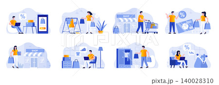 Shopping scenes bundle with people characters. Shopper carry shopping bags, online order and delivery at home, internet discount marketplace situations. Shopping people flat vector illustration. Shopping scenes bundle with people characters. Shopper carry shopping bags, online order and delivery at home, internet discount marketplace situations. Shopping people flat vector illustration. 140028310