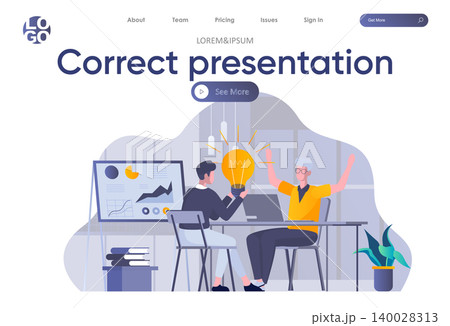 Correct presentation landing page with header. Marketing team create business presentation, brainstorming and sharing ideas in office scene. Coworking and teamwork situation flat vector illustration. Correct presentation landing page with header. Marketing team create business presentation, brainstorming and sharing ideas in office scene. Coworking and teamwork situation flat vector illustration. 140028313