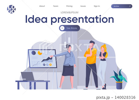 Idea presentation landing page with header. Woman making business presentation with diagrams before colleagues in office scene. Coworking, teamwork and creativity situation flat vector illustration. 140028316