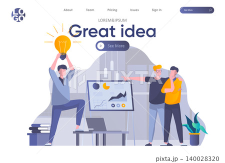 Great idea landing page with header. Man presenting new great idea before investors, startup team brainstorming in office scene. Coworking, teamwork and creativity situation flat vector illustration. 140028320