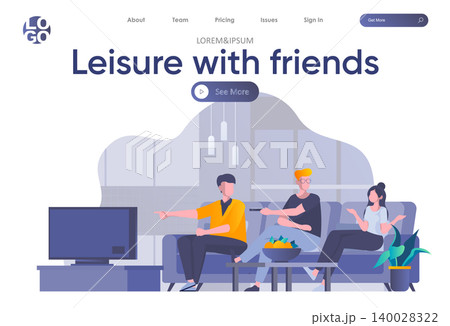 Leisure with friends landing page with header. Friends watching TV and talking in sofa scene. Weekend entertainment, students relax and spending time together situation flat vector illustration. Leisure with friends landing page with header. Friends watching TV and talking in sofa scene. Weekend entertainment, students relax and spending time together situation flat vector illustration. 140028322