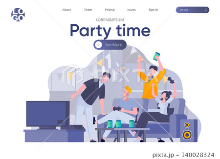 Party time landing page with header. Happy friends having fun, talking and drinking, playing video games scene. Students relax and joyfully spending time together situation flat vector illustration. Party time landing page with header. Happy friends having fun, talking and drinking, playing video games scene. Students relax and joyfully spending time together situation flat vector illustration. 140028324