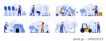 Farming scenes bundle with people characters. Farmers planting and watering crops, gathering harvest, feeding farm animals and milking cow situations. Agricultural workers flat vector illustration. Farming scenes bundle with people characters. Farmers planting and watering crops, gathering harvest, feeding farm animals and milking cow situations. Agricultural workers flat vector illustration. 140028325