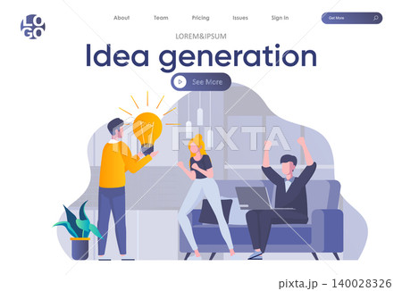 Idea generation landing page with header. Students discussing new project, startup team meeting and brainstorming in office scene. Coworking, teamwork and creativity situation flat vector illustration Idea generation landing page with header. Students discussing new project, startup team meeting and brainstorming in office scene. Coworking, teamwork and creativity situation flat vector illustration 140028326