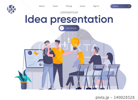 Idea presentation landing page with header. Startup team making presentation new great idea before investor in office scene. Pitching startup, coworking and teamwork situation flat vector illustration Idea presentation landing page with header. Startup team making presentation new great idea before investor in office scene. Pitching startup, coworking and teamwork situation flat vector illustration 140028328