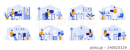 Coworking office bundle with people characters. Designers and developers working with computers in coworking open space area situations. Emploees and frelancers at workplace flat vector illustration Coworking office bundle with people characters. Designers and developers working with computers in coworking open space area situations. Emploees and frelancers at workplace flat vector illustration 140028329