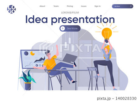 Idea presentation landing page with header. Startup founders discussing project, brainstorming and sharing ideas in office scene. Coworking, teamwork and creativity situation flat vector illustration. Idea presentation landing page with header. Startup founders discussing project, brainstorming and sharing ideas in office scene. Coworking, teamwork and creativity situation flat vector illustration. 140028330