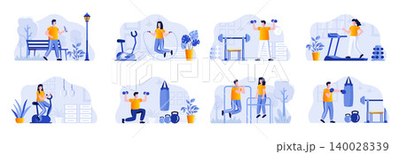 Fitness scenes bundle with people characters. People running, jumping with rope, lifting dumbbells and training with punching bag situations. Sports activities and workout flat vector illustration. Fitness scenes bundle with people characters. People running, jumping with rope, lifting dumbbells and training with punching bag situations. Sports activities and workout flat vector illustration. 140028339