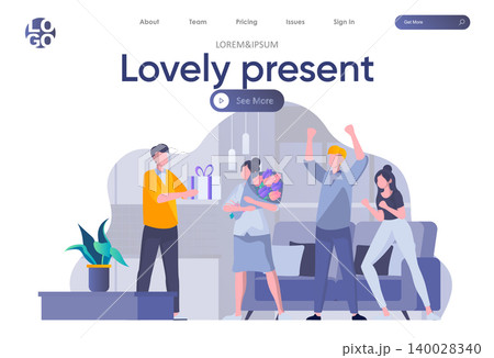 Lovely present landing page with header. Friends celebrating birthday and giving gift to girl scene. People relationships and friendship, happy birthday congratulation flat vector illustration. Lovely present landing page with header. Friends celebrating birthday and giving gift to girl scene. People relationships and friendship, happy birthday congratulation flat vector illustration. 140028340