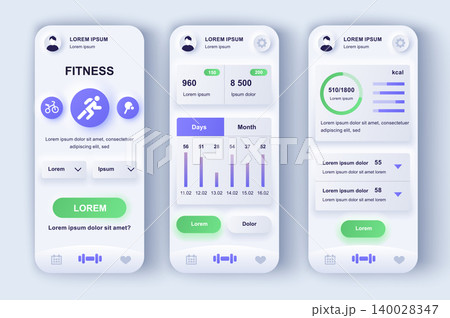 Fitness workout unique neumorphic design kit. Personal trainer app with different kinds of strength and cardio training. Sport activity UI, UX template set. GUI for responsive mobile application. Fitness workout unique neumorphic design kit. Personal trainer app with different kinds of strength and cardio training. Sport activity UI, UX template set. GUI for responsive mobile application. 140028347