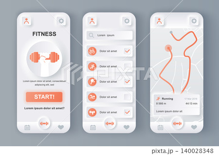 Fitness monitor unique neumorphic design kit for mobile app. Personal tracker with running route on map, different kinds of workouts. Sport UI, UX template set. GUI for responsive mobile application. 140028348