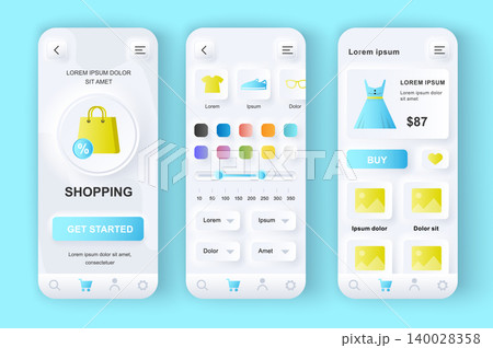 Shopping unique neumorphic design kit. Shopping app for clothing store with browse, search, delivery product services. Internet marketplace UI, UX template set. GUI for responsive mobile application. 140028358
