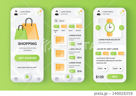 Shopping solution unique neumorphic design kit. Shopping app for online auction with product photo, description and price. Internet store UI, UX template set. GUI for responsive mobile application. 140028359