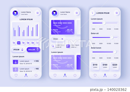 Smart banking unique neumorphic design kit. Financial app for credit card balance, money flow analytics and transaction. Online bank account UI, UX template set. GUI for responsive mobile application. Smart banking unique neumorphic design kit. Financial app for credit card balance, money flow analytics and transaction. Online bank account UI, UX template set. GUI for responsive mobile application. 140028362