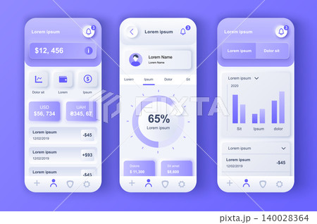 Finance services unique neumorphic design kit for mobile app. Credit card balance, checking account, transaction confirmation. Online banking UI, UX template set. GUI for responsive mobile application Finance services unique neumorphic design kit for mobile app. Credit card balance, checking account, transaction confirmation. Online banking UI, UX template set. GUI for responsive mobile application 140028364