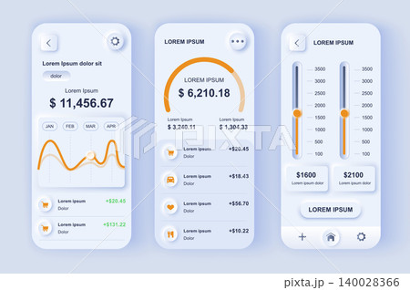 Smart finance manager neumorphic design kit. Budgeting app for financial planning and control, bank accounts monitoring. Online banking UI, UX template set. GUI for responsive mobile application. Smart finance manager neumorphic design kit. Budgeting app for financial planning and control, bank accounts monitoring. Online banking UI, UX template set. GUI for responsive mobile application. 140028366