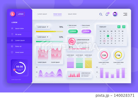 Neumorphic dashboard UI kit. Admin panel vector design template with infographic elements, HUD diagram, info graphics. Website dashboard for UI and UX design web page. Neumorphism style. 140028371
