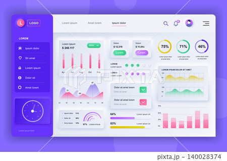 Neumorphic dashboard UI kit. Admin panel vector design template with infographic elements, HUD diagram, info graphics. Website dashboard for UI and UX design web page. Neumorphism style. 140028374
