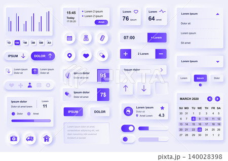 User interface elements for medical mobile app. Diagnosis and treatment, pharmacy store and laboratory gui templates. Unique neumorphic ui ux design kit. Manage, navigation, search form and components 140028398
