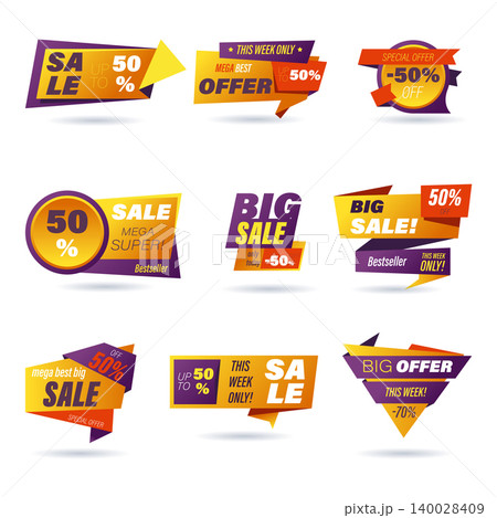 Set of retail sale badge. Stickers online shopping origami style for social media ads and banners, website badges, marketing, labels and stickers for products promotion template. Vector illustration. Set of retail sale badge. Stickers online shopping origami style for social media ads and banners, website badges, marketing, labels and stickers for products promotion template. Vector illustration. 140028409