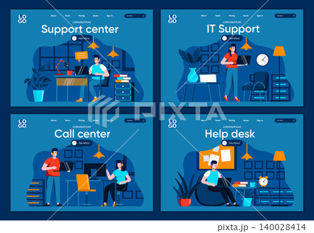 Support service flat landing pages set. Helpline operator with headset work with computer scenes for website or CMS web page. Online IT consultation and assistance in call center vector illustration Support service flat landing pages set. Helpline operator with headset work with computer scenes for website or CMS web page. Online IT consultation and assistance in call center vector illustration 140028414