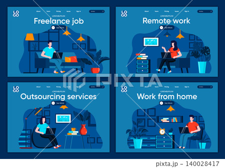 Remote work flat landing pages set. Freelancer working with laptop in comfortable conditions scenes for website or CMS web page. Freelance job, outsourcing service, work from home vector illustration. 140028417