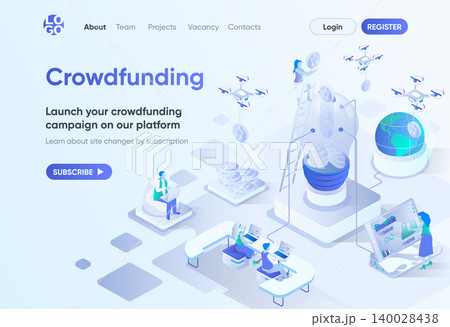 Crowdfunding platform isometric landing page. Crowdsourcing and alternative finance. Money fundraising for business project template for CMS and website builder. Isometry scene with people characters. Crowdfunding platform isometric landing page. Crowdsourcing and alternative finance. Money fundraising for business project template for CMS and website builder. Isometry scene with people characters. 140028438