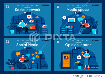 Social media flat landing pages set. Online communication and messaging with digital devices scenes for website or CMS web page. Social network, media space and opinion leader vector illustration 140028457