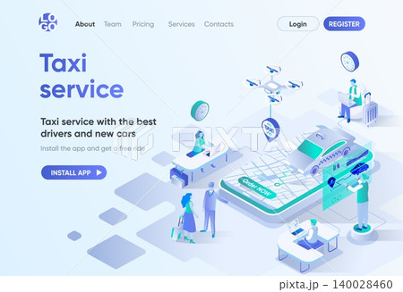 Taxi service isometric landing page. Best drivers and new cars, city transfer, passenger transportation. Online taxi order template for CMS and website builder. Isometry scene with people characters. Taxi service isometric landing page. Best drivers and new cars, city transfer, passenger transportation. Online taxi order template for CMS and website builder. Isometry scene with people characters. 140028460