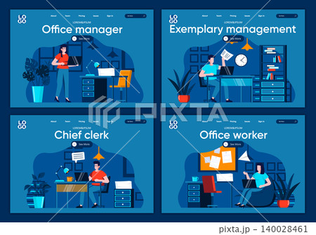 Office management flat landing pages set. Tasks management and planning, work organization scenes for website or CMS web page. Office management, chief clerk and manager vector illustration. 140028461