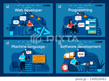 Software development flat landing pages set. Frontend and backend developers working in office scenes for website or CMS web page. Web development, programming and machine language vector illustration Software development flat landing pages set. Frontend and backend developers working in office scenes for website or CMS web page. Web development, programming and machine language vector illustration 140028463