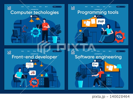 Computer technologies flat landing pages set. Software development company scenes for website or CMS web page. Programing tools, frontend developer, software engineering vector illustration. 140028464