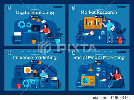 Social media marketing flat landing pages set. Analytics and strategy planning of advertising scenes for website or CMS web page. Market research, digital and influence marketing vector illustration. 140028473