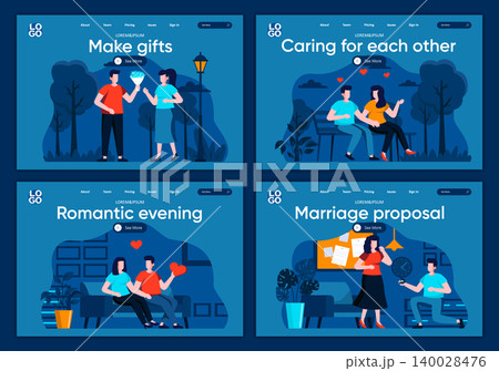 Marriage proposal flat landing pages set. Romantic dating and couple relationships scenes for website or CMS web page. Caring for each other, romantic evening and make gifts vector illustration. Marriage proposal flat landing pages set. Romantic dating and couple relationships scenes for website or CMS web page. Caring for each other, romantic evening and make gifts vector illustration. 140028476
