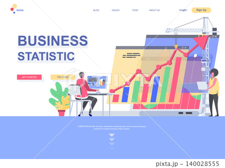 Business statistics flat landing page template. Manager working with financial analytic with computer situation. Web page with people characters. Business accounting and consulting vector illustration Business statistics flat landing page template. Manager working with financial analytic with computer situation. Web page with people characters. Business accounting and consulting vector illustration 140028555
