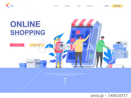 Online shopping flat landing page template. Shopping mobile application, people with purchases situation. Web page layout with people characters. Internet marketplace distribution vector illustration. Online shopping flat landing page template. Shopping mobile application, people with purchases situation. Web page layout with people characters. Internet marketplace distribution vector illustration. 140028557