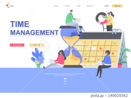 Time management flat landing page template. Developers team planning weekly schedule tasks on calendar situation. Web page with people characters. Work organization and efficiency vector illustration 140028562