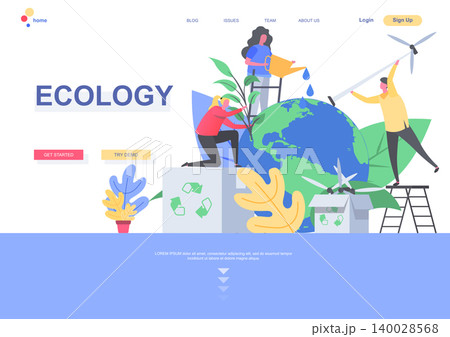 Ecology flat landing page template. People caring about earth planet, watering and planting trees situation. Web page with people characters. Global ecology and clean green energy vector illustration Ecology flat landing page template. People caring about earth planet, watering and planting trees situation. Web page with people characters. Global ecology and clean green energy vector illustration 140028568