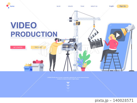 Video production flat landing page template. Operator with video camera making film in studio situation. Web page with people characters. Video content production industry vector illustration Video production flat landing page template. Operator with video camera making film in studio situation. Web page with people characters. Video content production industry vector illustration 140028571