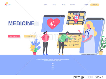 Medicine flat landing page template. Cardiology practice, doctor online consultation by smartphone situation. Web page with people characters. Diagnosis and treatment in clinic vector illustration. Medicine flat landing page template. Cardiology practice, doctor online consultation by smartphone situation. Web page with people characters. Diagnosis and treatment in clinic vector illustration. 140028574