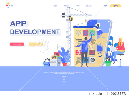 App development flat landing page template. Front end and back end development, developer create mobile application situation. Web page with people characters. Software engineering vector illustration 140028578