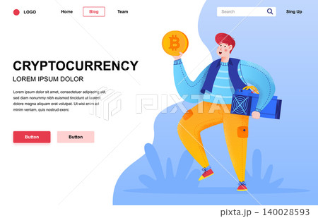 Cryptocurrency flat landing page composition. Guy holding golden bitcoin and mining farm equipment. Cryptocurrency mining and trading. Colorful people character with noise texture vector illustration. Cryptocurrency flat landing page composition. Guy holding golden bitcoin and mining farm equipment. Cryptocurrency mining and trading. Colorful people character with noise texture vector illustration. 140028593