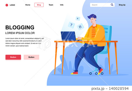 Blogging flat landing page composition. Guy writing blog post with laptop at desk. Social media content production and freelance. Colorful people character with noise texture vector illustration. 140028594