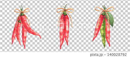 Red and green chili peppers pods set, tied with rope and leaf. Watercolor hand painted illustration with spicy natural Asian vegetable seasoning on Isolated white background for food packaging, labels Red and green chili peppers pods set, tied with rope and leaf. Watercolor hand painted illustration with spicy natural Asian vegetable seasoning on Isolated white background for food packaging, labels 140028792